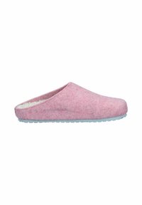 Pink felt slipper with a soft interior and flexible light blue outsole. Slip-on design, rounded shape, no visible hardware or accents.