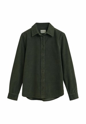 Dunkelgrünes langärmeliges Knopfhemd aus Cord mit Kragen und Manschetten, leicht abgerundetem Saum und sichtbaren Nähdetails.