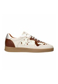 Sneakers featuring a cream suede upper, brown leather accents, and spotted cowhide pattern. White laces, brown rubber sole, and stitched details.