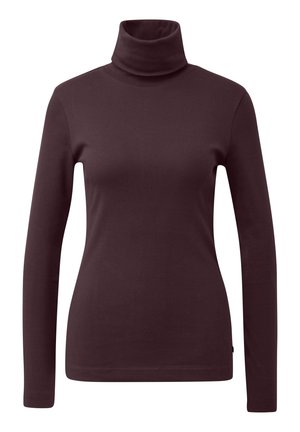 Bordowy golf z gładkiej tkaniny, z długimi rękawami, dopasowanym kołnierzem i prostym zakończeniem na dole. Prosty, minimalistyczny design.