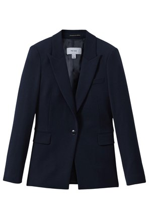 Marineblå blazer med enkelt knap, notched revers, to klaplommer foran og en brystlomme, designet til kvinder.