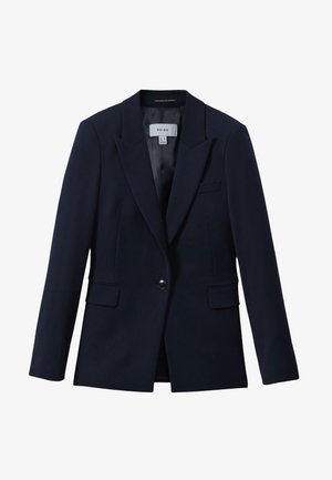 Marineblå blazer med enkelt knap, notched revers, to klaplommer foran og en brystlomme, designet til kvinder.