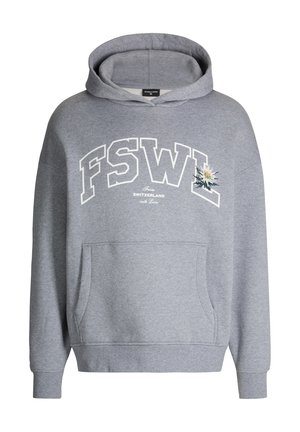 Grijze hoodie met een frontzak, grote witte tekst "FSWL", kleine script "From Switzerland with Love", en een witte bloemenafbeelding op de borst.