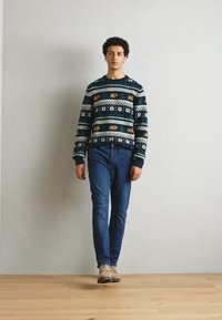 Donkergroene trui met geometrische patronen, gedragen met blauwe jeans en beige schoenen. Model staat tegen een lichtgrijze achtergrond.