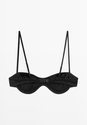 Sort underwired bh med tynde justerbare stropper, vist fladt på en hvid baggrund, som viser baglukning og syningsdetaljer.
