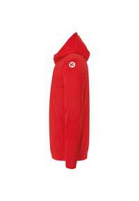 Giacca rossa con cappuccio, dalla texture liscia, con tasche laterali, polsini a coste e un logo circolare sulla manica sinistra. Design a vestibilità standard.
