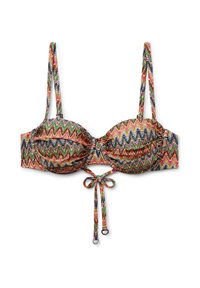 Bikinioberdel med zigzag-mønster i livlige farver, polstrede skåle, justerbare stropper og lukkemekanisme foran med dekorative hardware-detaljer.