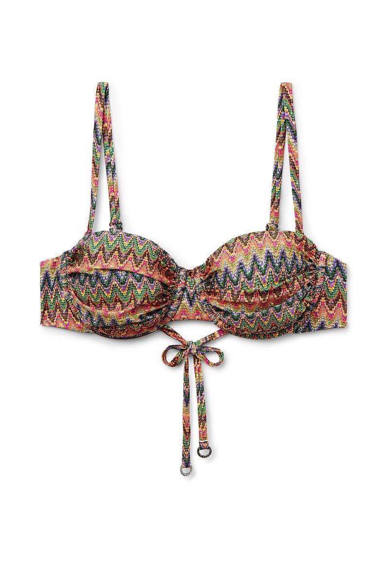 Bikinioberdel med zigzag-mønster i livlige farver, polstrede skåle, justerbare stropper og lukkemekanisme foran med dekorative hardware-detaljer.