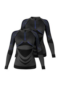 Two black long-sleeve shirts featuring sleek blue accents, textured patterns, and a fitted design suitable for active wear.