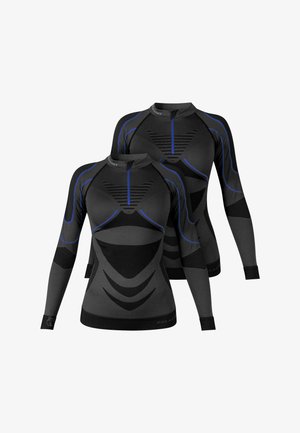 Two black long-sleeve shirts featuring sleek blue accents, textured patterns, and a fitted design suitable for active wear.