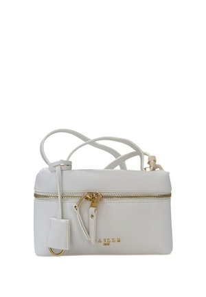 Borsa a tracolla bianca con cerniera dorata e dettagli in oro, tracolla regolabile e piccolo nome del marchio in rilievo sulla parte anteriore.