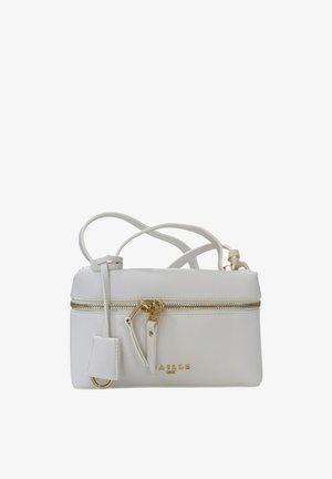 Borsa a tracolla bianca con cerniera dorata e dettagli in oro, tracolla regolabile e piccolo nome del marchio in rilievo sulla parte anteriore.