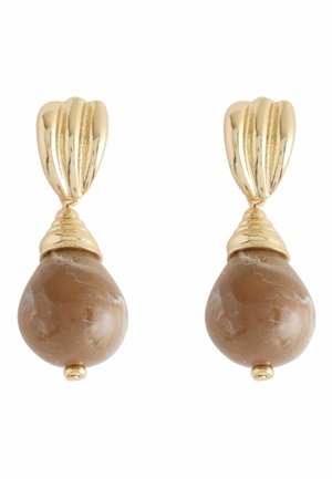 Gold-tone earrings with ridged top and large teardrop-shaped brown marble-like stones hanging below.