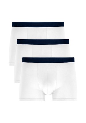 White cotton boxer briefs with a solid navy blue elastic waistband featuring embossed branding. Three pairs stacked horizontally.
