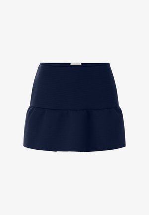 Fustă mini albastru închis cu o talie largă și un mic detaliu plisat la tiv, expusă pe un fundal alb.