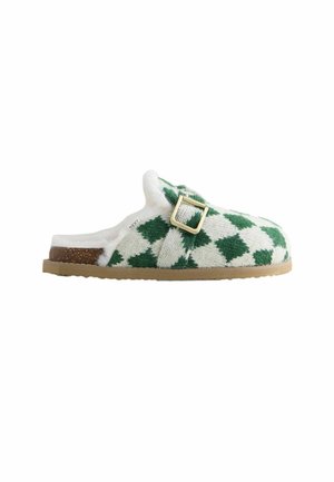 Green and white checked wool clogs with a soft white lining, featuring a gold buckle and a light brown textured sole.