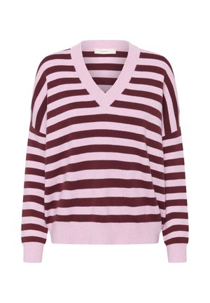 Pull à col en V avec rayures horizontales en rose clair et bordeaux foncé, doté de manches longues et de poignets et ourlet côtelés.