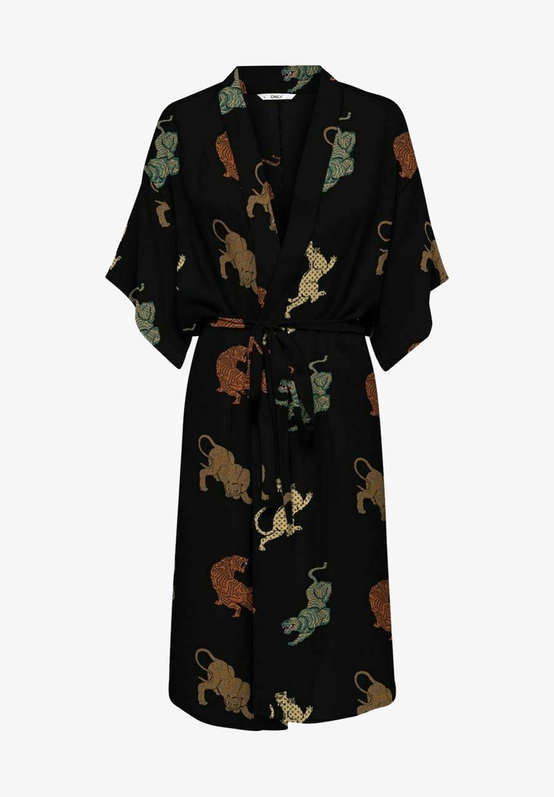 Schwarzer Kimono-Robenstil mit Wickeldesign, lockeren Ärmeln und einem Bindegürtel, verziert mit bunten Löwen- und Tiger-Mustern.