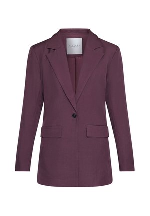 Burgunder blazer med spids lapel, enkelt knaplukning, to frontlommer og en glat tekstur. Fuldstændig foret inderside.