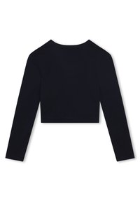 Långärmad cropped topp i en enfärgad marinblå tyg. Har en rund halsringning med en jämn textur och enkel design, utan synlig hårdvara eller detaljer.