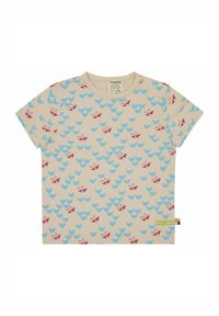 Beige T-Shirt mit kurzen Ärmeln, verziert mit blauen Wellen- und roten Bootsmustern. Hergestellt aus weicher Baumwolle, mit runder Ausschnitthalsung und seitlichem Etikett.