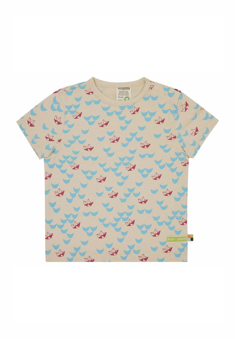 Beige T-Shirt mit kurzen Ärmeln, verziert mit blauen Wellen- und roten Bootsmustern. Hergestellt aus weicher Baumwolle, mit runder Ausschnitthalsung und seitlichem Etikett.