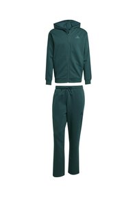 Tuta sportiva verde in tessuto morbido; dispone di una felpa con cappuccio con zip e pantaloni abbinati con coulisse regolabile e dettagli con logo.