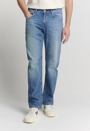 Light blue denim jeans with a straight fit, featuring five pockets, a button closure, and slight fading for a worn look.