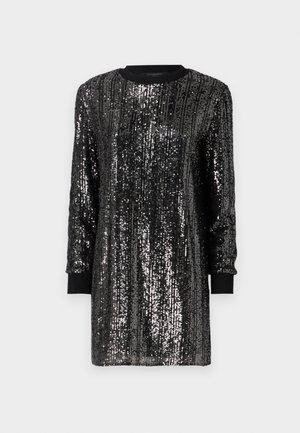Abito nero con paillettes, maniche lunghe, scollatura rotonda e polsini neri a contrasto. Presenta motivi di paillettes verticali per texture.