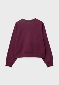Bordo dukserica, mješavina pamuka, okrugli izrez, raglan rukavi, skraćeni rub, glatka tekstura, minimalistički dizajn, bez vidljivih logotipa ili uzoraka.