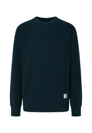 Mornarničko plava rebrasta pletena pulover s okruglim izrezom i dugim rukavima. Ima malu oznaku branda na donjem rubu. Mekana tekstura.