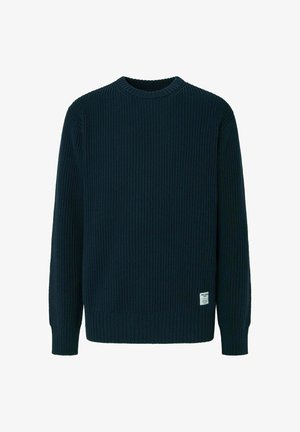 Tamsiai mėlynas įrengtas megztinis su apvalia iškirpte ir ilgomis rankovėmis. Apatinėje siūlės dalyje yra mažas prekės ženklas. Minkšta tekstūra.