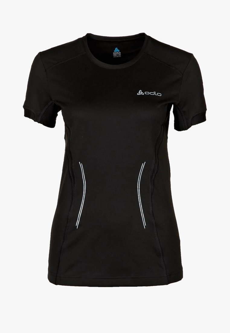 Maglietta sportiva nera a maniche corte realizzata in tessuto traspirante, con accenti bianchi sui lati e un piccolo logo sul petto.