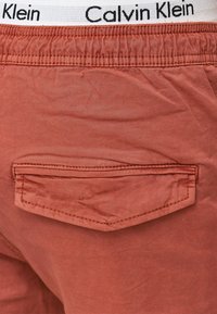 Shorts Calvin Klein de couleur rouille, en tissu doux, dotés d'une taille élastique avec logo et d'une poche arrière cousue.