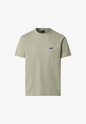 Effen lichtgroen T-shirt met korte mouwen, een ronde hals en een klein borstzakje met een donkerblauw label.