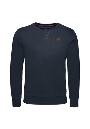 Felpa blu navy con maniche lunghe, scollatura rotonda e polsini a costine; presenta un piccolo emblema rosso sul petto e dettagli testurizzati.