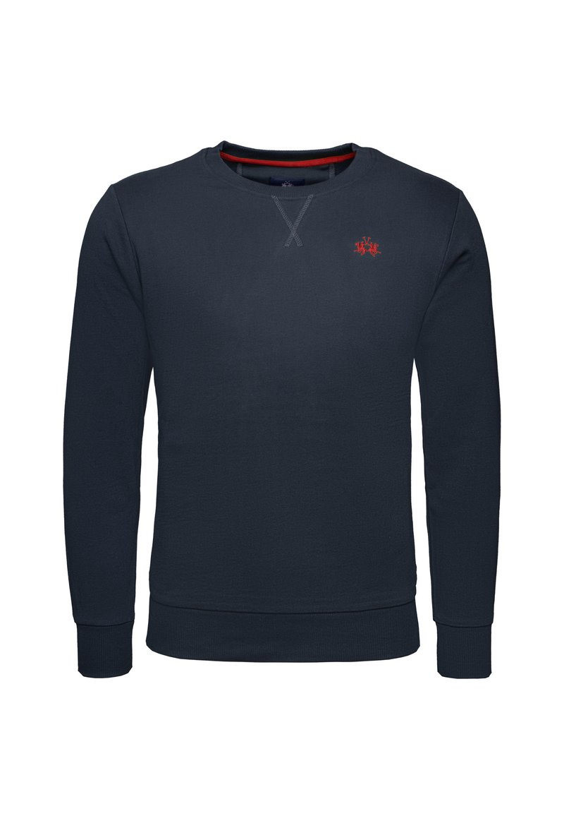Felpa blu navy con maniche lunghe, scollatura rotonda e polsini a costine; presenta un piccolo emblema rosso sul petto e dettagli testurizzati.