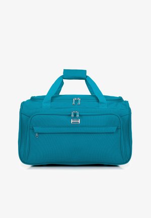 Teal duffel bag made of durable fabric, featuring dual zippered compartments, flat handles, and a front zipper pocket for easy access.