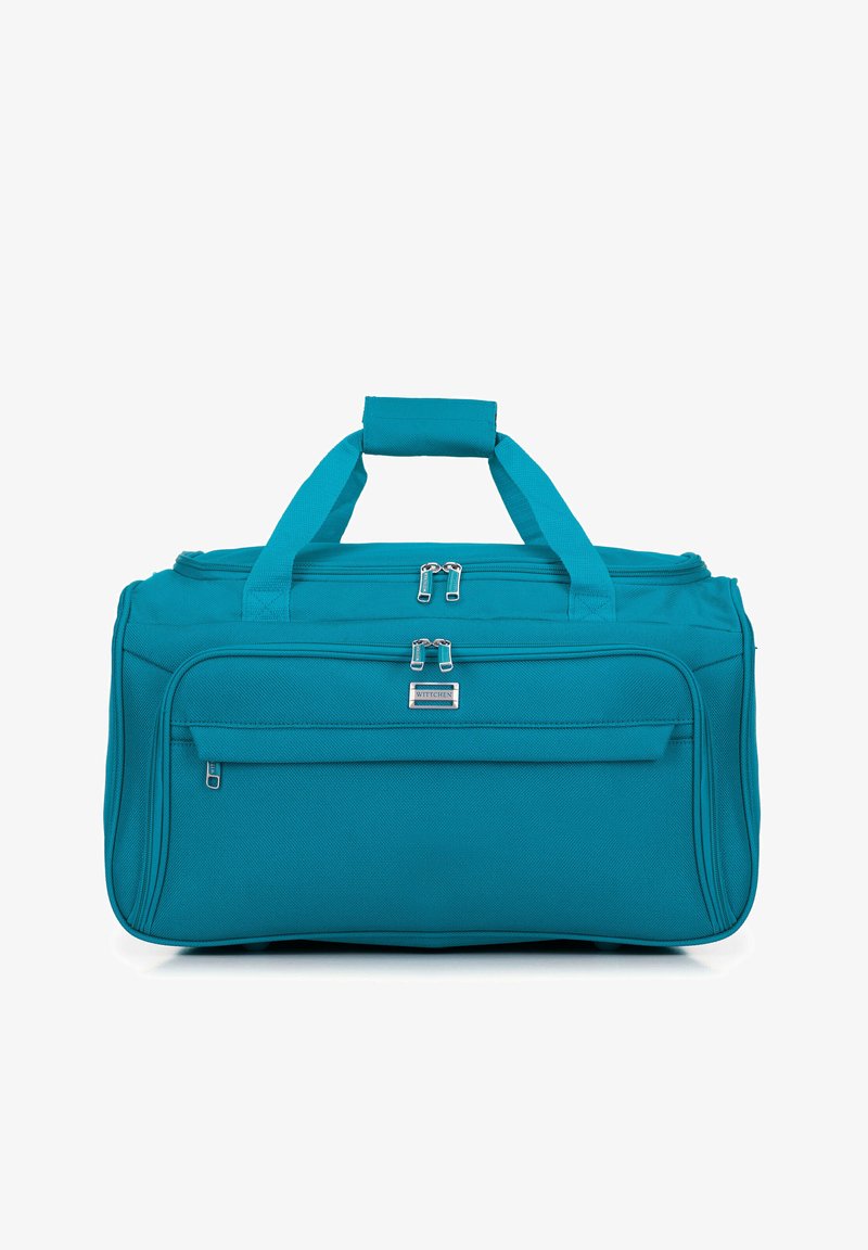 Bolsa de deporte color verde azulado, hecha de un tejido duradero, con dos compartimentos con cremallera, asas planas y un bolsillo delantero con cremallera para un acceso fácil.