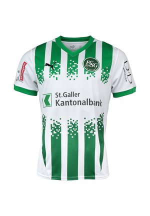 Hvid og grønstribet FC St. Gallen fodboldtrøje med sponsorlogoer, herunder St. Galler Kantonalbank og Puma på brystet.