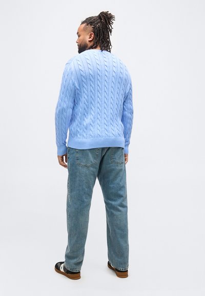 Άνδρας με ντρέντλοκς που φοράει ανοιχτό μπλε πουλόβερ με πλεκτό σχέδιο, φαρδιά μπλε τζιν και μαύρα και λευκά αθλητικά παπούτσια, γυρισμένος προς τα πίσω σε λευκό φόντο.