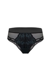 Czarne koronkowe majtki damskie z kwiatową haftowaną ozdobą i przezroczystymi siateczkowymi panelami po bokach, wyposażone w jednolity pas i falowane krawędzie.