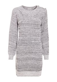 Robe pull en maille gris et blanc, avec manches longues, encolure ronde, ourlet côtelé et détail décoratif de boutons sur une épaule.