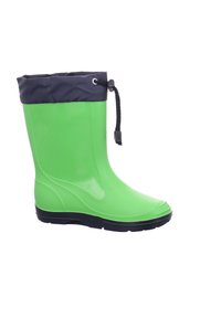 Botte de pluie en caoutchouc verte avec un revers en tissu bleu marine, un cordon de serrage ajustable et une semelle noire texturée. Finition lisse avec un design courbé.