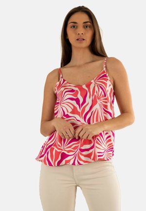 Blusa senza maniche rosa e bianca con un motivo a strisce ondulate, realizzata in un tessuto morbido, presenta spalline sottili e un orlo fluttuante.