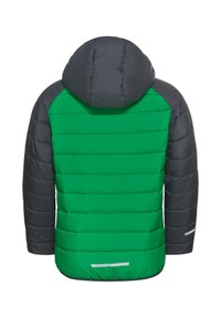 Gepolsterte Jacke mit grünem Körper und grauen Ärmeln. Verfügt über eine Kapuze, horizontale Nähte und einen reflektierenden Streifen am Saum.