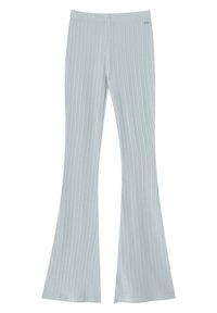 Pantalon évasé côtelé bleu clair avec une texture lisse, doté d'une taille haute et d'une petite étiquette logo discrète près du haut.