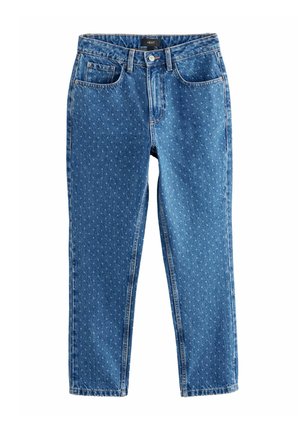Blå denim jeans med et mønstret tekstur, fem lommer og knaplukning. Design med lige ben og medium vask.