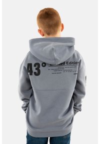 Sudadera gris con una gran impresión negra en la parte posterior, que presenta "43° Edición Limitada" y coordenadas. El material parece suave con un corte holgado.