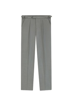 Hellegrau maßgeschneiderte Hose mit strukturierter Oberfläche, ausgestattet mit Falten, Gürtelschlaufen und einem Knopfverschluss an der Taille.